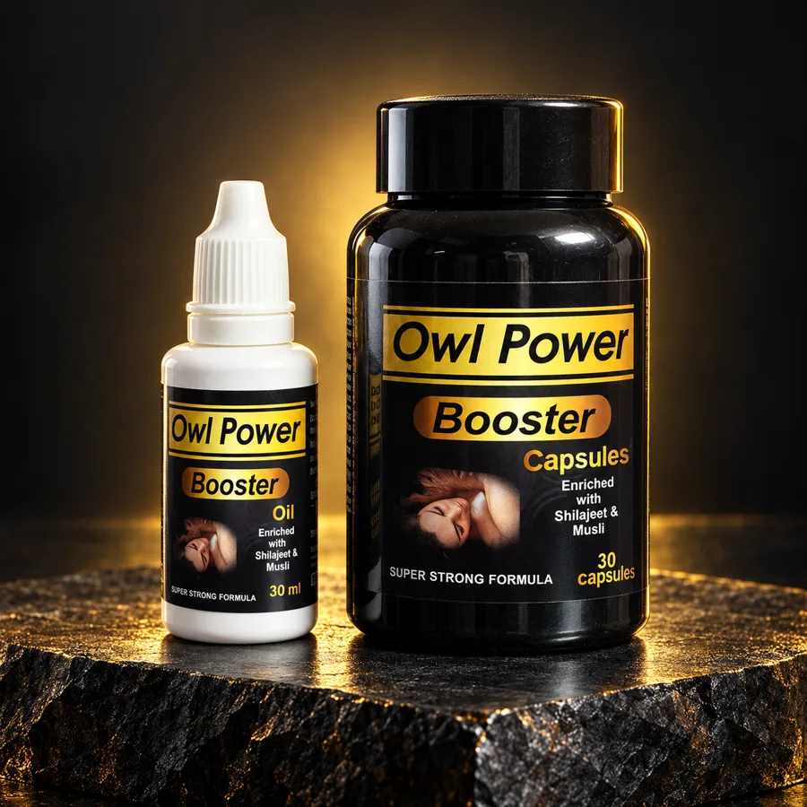 Owl Power Booster capsule aur oil ki product photo